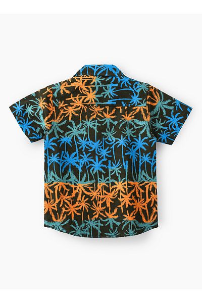 Basicxx Boys' Tropical Print Linen Shirt with Camp Collar