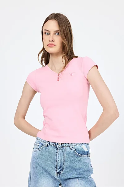 Rays Pink V-Neck Buttoned Pocket Detailed Slim Fit T-Shirt 2213