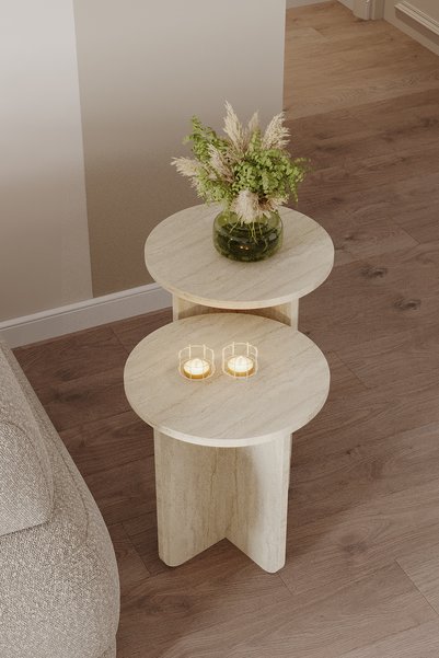 OBİ Atölye Elysia 2'li Yuvarlak Zigon Sehpa Takımı İskandinav Stili Yan Sehpa - Traverten