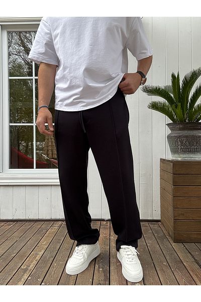 BYBASICMAN Black Stitched Lycra Pipe Leg Sweatpants Ke-7012