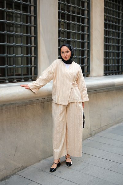 LOCCO Women's Almond Stitched Kimono Set Cream