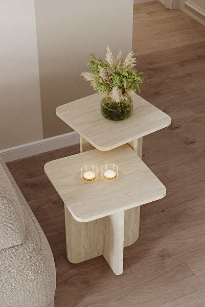 OBİ Atölye Elska 2'li Kare Zigon Sehpa Takımı İskandinav Stili Yan Sehpa - Traverten