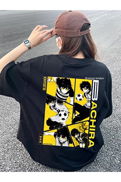 Minga London Тениска с голям размер и щампа от аниме с гръб в черно и синьо L...