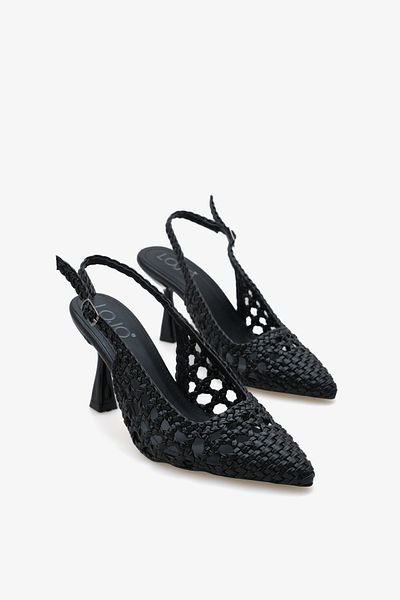 LOJO Pantofi de zi cu toc cu vârf ascuțit cu cataramă de paie pentru femei Plor Black