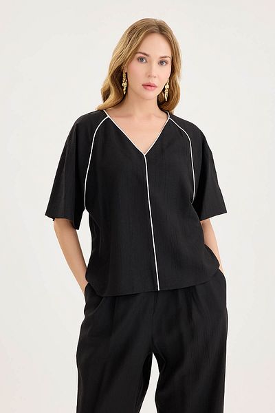 Vitrin V-Neck Front Striped Short Sleeve Blouse