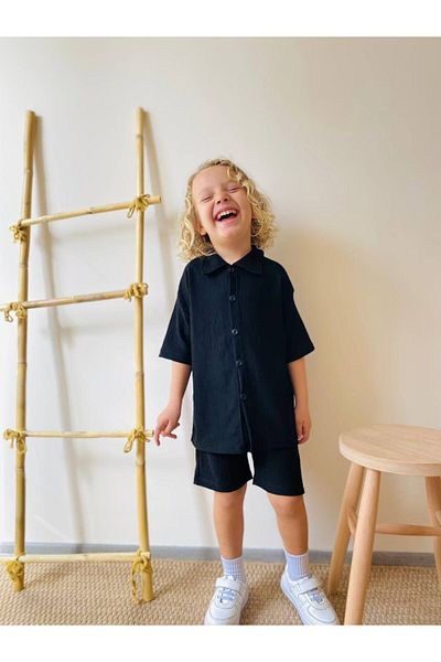 Yalçınoğlu Kids Boy's Summer Suit 3-10 Years Old Shirt Set with Shorts |   Bürümcük Fabric Bottom Top Double Set
