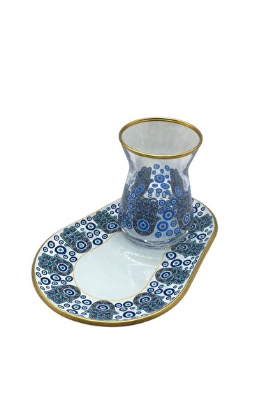 MEVLANA BAZAAR طقم شاي تقديم منقوش لشخصين باللون الأزرق