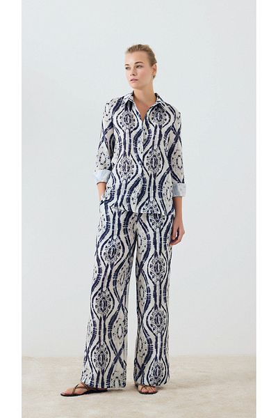 yakestore Ethnic Patterned Linen Look Shirt Pants Set