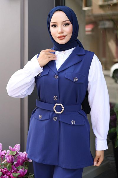 Modamihram Detailed Vest Suit - Indigo 19249