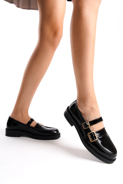 GRADA Hakiki Deri Siyah Rugan Kadın Mary Jane Loafer Ayakkabı Çift Bantlı Tokalı Gerçek Rugan Deri Mokasen