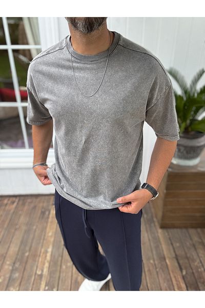BYBASICMAN Gray Washed Stitching Detailed T-Shirt Jj-93