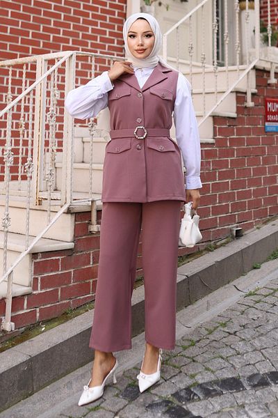 Modamihram Vest Suit - Ornamental Pocket Detail - Dusty Rose 19249