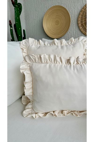Decamor home Vintage Frilly Ecru Light Cream Throw Pillow Cover 1 Pc