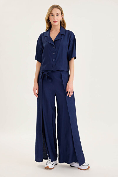 Vitrin Beli Bağlamalı Krinkıl Kumaş Dökümlü Pantolon