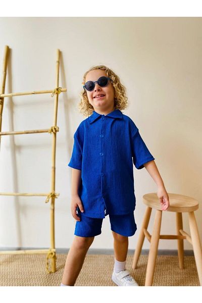 Yalçınoğlu Kids Boy's Summer Suit 3-10 Years Old Shirt Set with Shorts |   Bürümcük Fabric Bottom Top Double Set