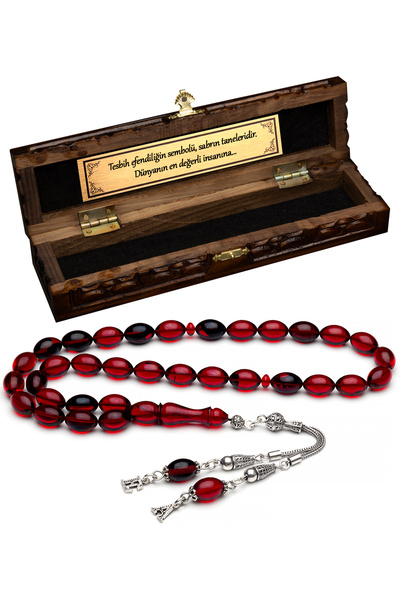 OTTOTESBİH Men's Lettered Silver Tassel 8X12Mm Red Fire Amber Rosary