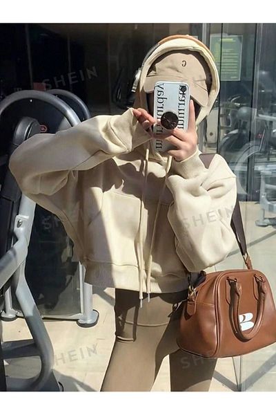 DUBU BUTİK Μπεζ Oversize Hooded Crop Φούτερ - Γυναικεία