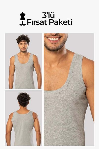 ERDEM İÇ GİYİM Erdem 3-Piece Gray Men's Ribbed Undershirt 1110G3