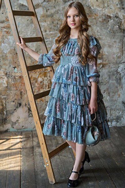 Riccotarz Κοριτσίστικο πράσινο φόρεμα με ροζ σχέδιο με στρώσεις γιακά και φούστα και πλισέ με βολάν