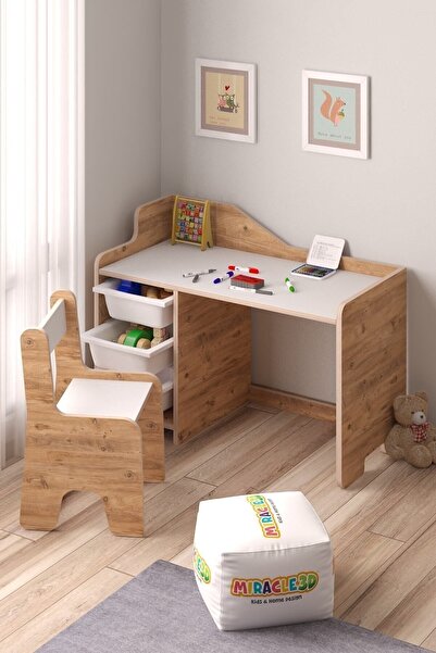 MİRACLE 3D Çocuk Oyun Aktivite Masası 90x45 Cm 3 Sepetli Çocuk Çalışma Masası Sırt Dayamalı Sandalye