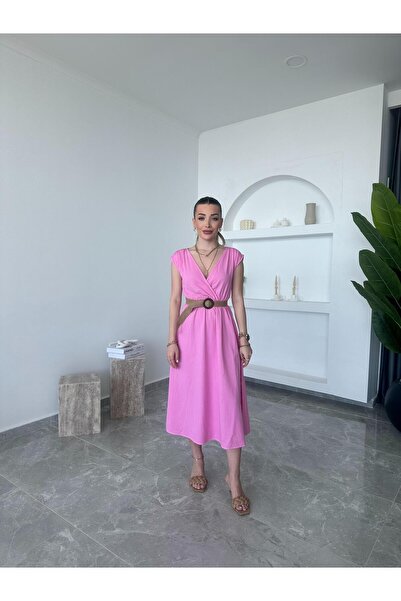 CKBUTİK Pembe Hasır Kemerli Kruvaze Elbise