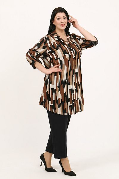 By Alba Collection Women's Tan Patterned Cotton Viscose Large Size Tunic