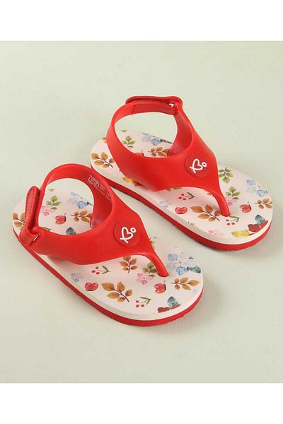 Babyoye Babyoye Flip Flops with Velcro Closure & Leaves Print - Red