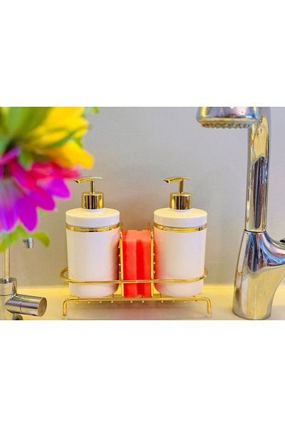 Makri Set of 2 Liquid Soap Dispensers with Gold Color Detail, Sponge Holder and Stand