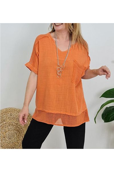 Rosidam Shoulder Mesh Detailed Pocket Short Sleeve Linen Blouse