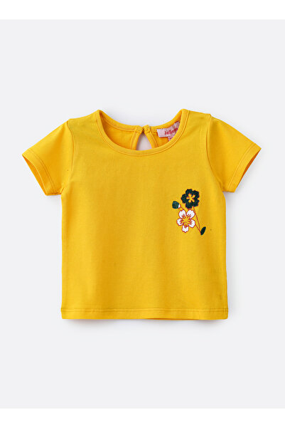 Basicxx Girls' Yellow Floral Embroidered Cotton T Shirt