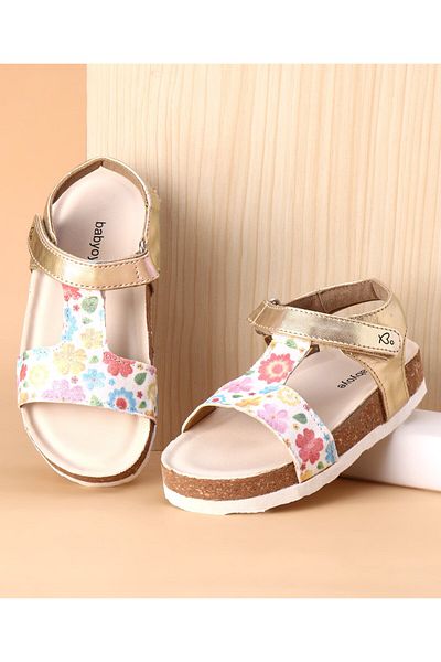 Babyoye Babyoye Velcro Closure Floral Printed Sandals - Golden & White