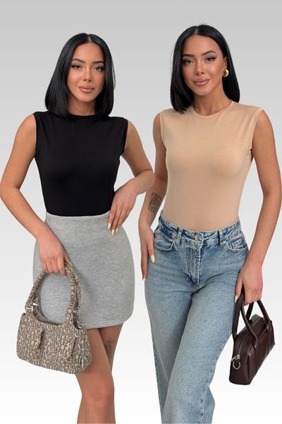 Lunamiratto Body și tricou fără mâneci pentru femei, din bumbac, 2 piese, NEGRU BEJ