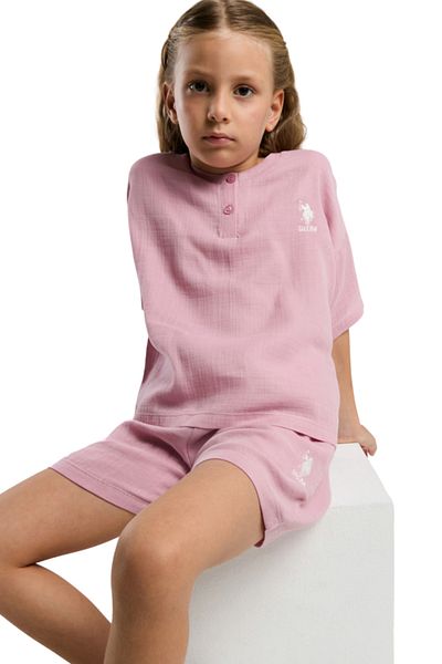 U.S. Polo Assn. U.S. Polo Girl's Buttoned Round Neck Short Sleeve Shorts Set of Two Vr.U.S.D20.Kç93.Y.51