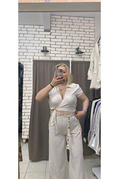 TUBA TOPTAŞ KETEN BAĞLAMALI CROP BLUZ
