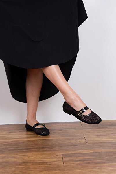 sovrana Two Belt Mesh Ballerinas, Black