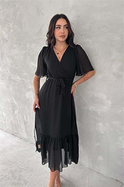 Dipmoda γυναικείο φόρεμα σιφόν με γιακά και ζώνη διπλό πέτο DPK4115