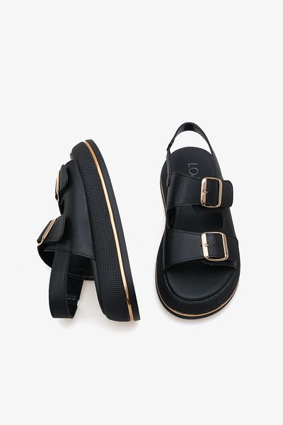 LOJO Sandale de zi cu zi pentru femei, cu curele duble, cu cataramă aurie, cu talpă groasă, Limbo Black
