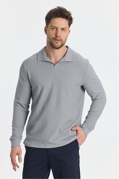 Frappoli Ανδρικό μπλουζάκι Volex Polo Neck Slim Fit Lycra Grey - 100% βαμβάκι, μακρύ μανίκι