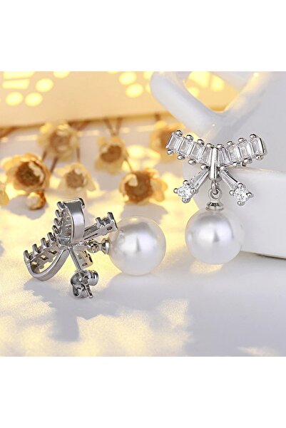 delis 925 Silver Pearl Bow Earrings with Zirconia, Rhodium Plated