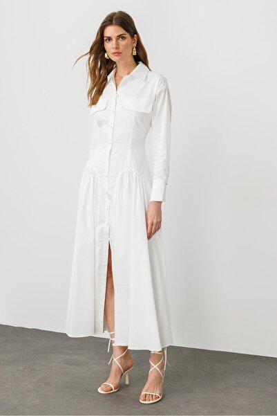 pieces of melon White Cotton Shirred Detailed Long Sleeve a Form Shirt Dress