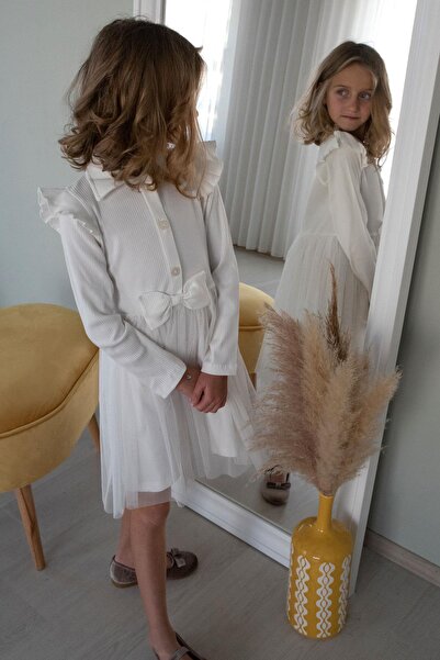 Breeze Ecru Girl's Dress - Long Sleeve, Button and Bow, 3-8 Years