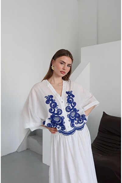 Laluvia Sötétkék hímzett 100% pamut ing szoknya készlet - 7165