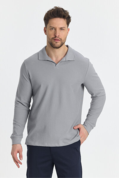 Frappoli Volex Чоловічий поло з коміром Slim Fit з еластаном, сірий світшот - 100% бавовна, довгі рукави