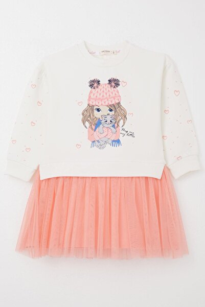 Breeze Kız Çocuk Uzun Kollu Elbise Arkadaş Temalı Kolları Kalp Desenli 2-6 Yaş, Ekru