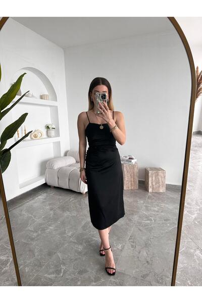 CKBUTİK Siyah Beli Drapeli Askılı Saten Elbise