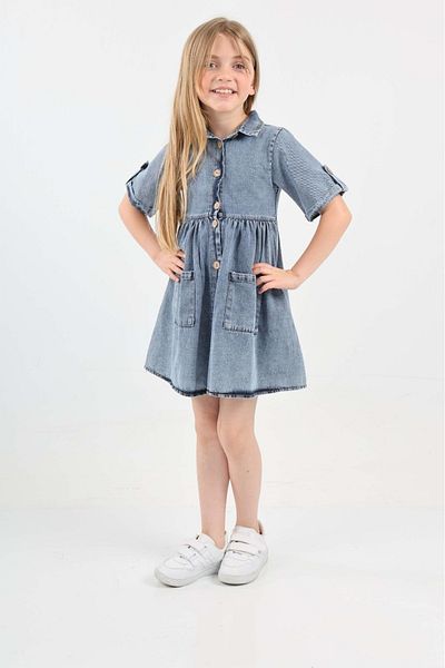 ANGELOS GIRLS Rochie de blugi pentru fete cu buzunar dublu/închidere cu nasturi 12199