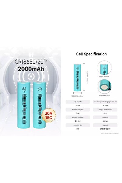 Micron EVE 18650 3.7V (Volt) 2000 MaH 15C 30A 20P Lityum Şarj edilebilir 2 Ad...