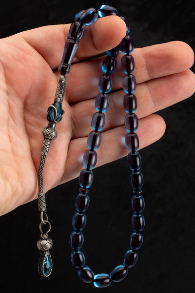 OTTOTESBİH Capsulă cu ciucuri Kazaz argintie pentru bărbați 8x12mm croială Rozariu cu chihlimbar albastru foc