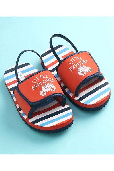Babyoye Babyoye Car Print Flip Flops with Back Strap & Velcro Closure - Red
