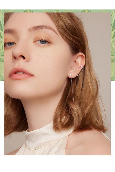 delis Cercel Ear Cuff Argint 925, Jw1007, Model Stea Cu Lant, Placat Cu Rodiu